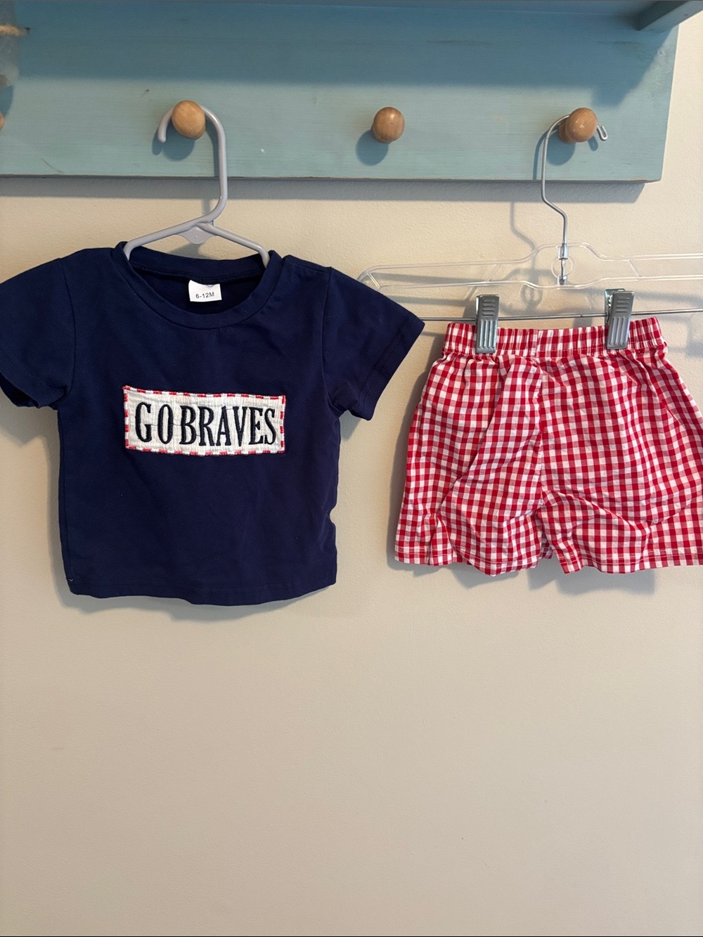 Atlanta Braves Baby Boy Outfit 6-12 Months Smocked Shirt Red Gingham Shorts Set